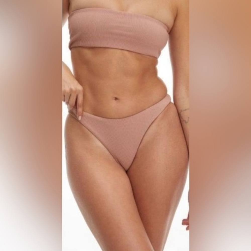 Good American Swim Bottom Women Pink Rib Mid Rise Better Bikini Cheeky